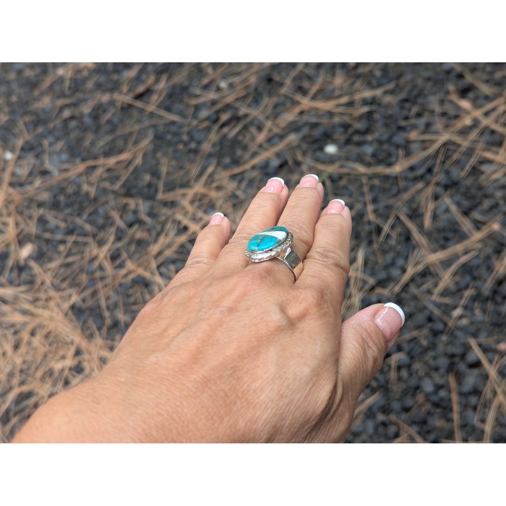 Handcrafted Navajo Turquoise Opal Inlay Oval Tri-Cut Ring Signed NA Sz 12 US** - Picture 8 of 10